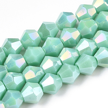 Opaque Solid Color Electroplate Glass Beads Strands, AB Color Plated, Faceted, Bicone, Light Cyan, 6x5.5mm, Hole: 1mm, about 46~49pcs/strand, 10.04~10.63 inch(25.5~27cm)