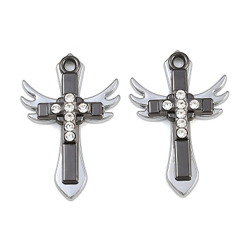 Alloy Rhinestone Pendants, Cross with Wings Charms, Gunmetal, 34.5x23x5mm, Hole: 2.5mm