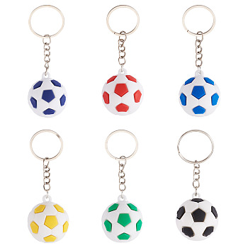 6Pcs 6 Colors Plastic Football Pendant Keychains, Platinum, Mixed Color, 90.5mm, 1pc/color