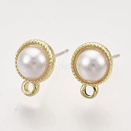 Alloy Stud Earring Findings, with Loop, ABS Plastic Imitation Pearl and Raw(Unplated) Pin, Half Round, Golden, 10x8mm, Hole: 1.4mm, Pin: 0.7mm(X-PALLOY-N0149-15)