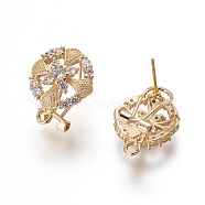 Brass Micro Pave Cubic Zirconia Stud Earring Findings, with Loop, Flat Round with Flower, Clear, Golden, 18.5x15x12mm, Hole: 1.8mm, Pin: 0.7mm(KK-O121-10G)