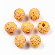 Painted Natural Wood Beads, Laser Engraved Pattern, Round with Leopard Print, Orange, 10x8.5mm, Hole: 2.5mm(WOOD-T021-53A-10)