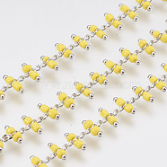 Handmade Brass Beaded Curb Chains, Soldered, with Seed Beads, Platinum, Yellow, 7mm, about 32.8 Feet(10m)/roll(CHC-R131-13)