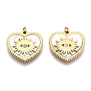 316 Surgical Stainless Steel Rhinestone Charms, with Shell and Jump Rings, Heart with Sun, Real 14K Gold Plated, 14x15x2mm, Jump Ring: 2.7x0.4mm, 1.9mm inner diameter(STAS-S116-319G)