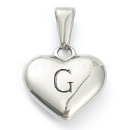 304 Stainless Steel Pendants, Heart with Black Letter, Stainless Steel Color, Letter.G, 16x16x4.5mm, Hole: 7x3mm(STAS-P278-01G-P)