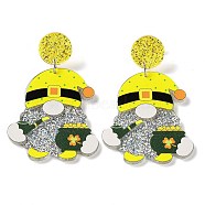 Saint Patrick's Day Sparkling Acrylic Dangle Stud Earrings, Gnome, Yellow, 62x39.5mm(EJEW-P243-A09)