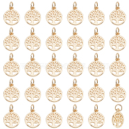 Elite 50Pcs Alloy Charms, with Jump Ring, Flat Round with Tree of Life Charm, Real 14K Gold Plated, 13x10.5x1mm, Hole: 3.4mm(FIND-PH0010-52)