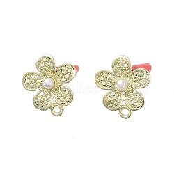 Rack Plating Golden Alloy with ABS Pearl Stud Earring Findings, with Loops and 304 Stainless Steel Pins, Cadmium Free & Nickel Free & Lead Free, Flower, 17x15.5mm, Hole: 1.7mm, Pin: 0.7x10.5mm(EJEW-B036-03G-16)