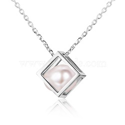 TINYSAND 925 Sterling Silver Cube Pearl Pendant Necklaces, Silver, 18.18 inch(TS-N266-S)