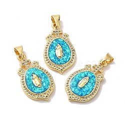 Rack Plating Brass Micro Pave Cubic Zirconia with Synthetic Opal Pendants, with Jump Ring, Lead Free & Cadmium Free, Long-Lasting Plated, Oval with Saint, Real 18K Gold Plated, 23.5x13x2.9mm, Hole: 5x3.7mm(KK-D088-17G)