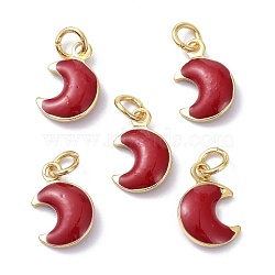 Brass Enamel Charms, Real 18K Gold Plated, with Jump Rings, Moon, Cadmium Free & Lead Free, Red, 11x7x3.5mm, Hole: 2.6mm(KK-C218-02G-A)