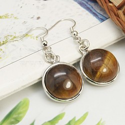 Fashion Natural Tiger Eye Earrings, with Brass Earring Hooks, Half Round/Dome, 44~45x18~19mm, Pin: 0.6mm(EJEW-E003-5)