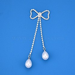 Brass Micro Pave Cubic Zirconia Big Pendants, with ABS Imitation Pearl, Bowknot Charms, Silver, 95x31x10mm, Hole: 9x12mm(KK-N254-178S)