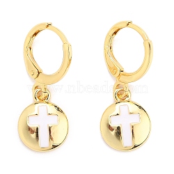 Brass Huggie Hoop Earrings, with Enamel, Flat Round with Cross, White, Real 18K Gold Plated, 25~26mm, Pin: 0.9mm(EJEW-JE04324-05)