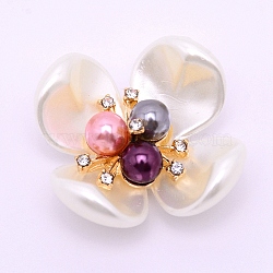 ABS Imitation Pearl Cabochons Accessories, with Imitation Shell ABS Petaline, with Crystal Glass Rhinestone and Light Gold Alloy Finding, for Jewelry Making, Flower, Colorful, 41x40.5x15mm(FIND-TAC0001-16)