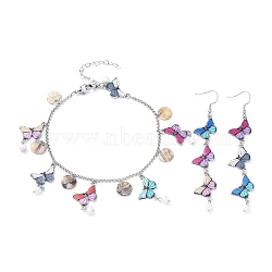 304 Stainless Steel Butterfly Jewelry Sets, Dangle Earrings and Anklets, with Printed Alloy Links, Freshwater Pearl Beads and Akoya Shell Charms, Colorful, 104mm, pin: 0.7mm, 10-1/8 inch(25.6cm)(SJEW-JS01089)
