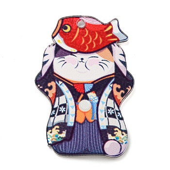 Japanese Style Acrylic Pendants, Cat, Fish, 39.5x27x2.5mm, Hole: 2mm