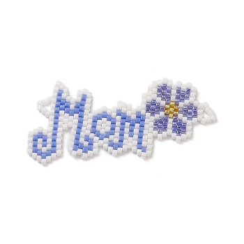 Handmade Loom Pattern MIYUKI Seed Beads, Word Mom with Flower Links Connector, for Mother's Day, Cornflower Blue, 25x53x2mm, Hole: 0.8mm