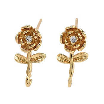 Brass Micro Pave Cubic Zirconia Studs Earring Findings, Long-Lasting Plated, Lead Free & Cadmium Free, Flower, Real 18K Gold Plated, 16.5x8mm, Hole: 1.6mm, Pin: 12x0.7mm