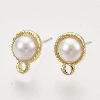 Alloy Stud Earring Findings, with Loop, ABS Plastic Imitation Pearl and Raw(Unplated) Pin, Half Round, Golden, 10x8mm, Hole: 1.4mm, Pin: 0.7mm