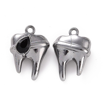 Rack Plating Alloy Glass Pendants, Cadmium Free & Lead Free & Nickle Free, Faceted, Tooth Charms with Teardrop, Gunmetal, Black, 19x13.5x7mm, Hole: 1.4mm