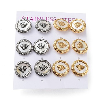 6 Pair 2 Color Bee Natural Shell Stud Earrings, 304 Stainless Steel Earrings, Golden & Stainless Steel Color, 14mm, 3 Pair/color