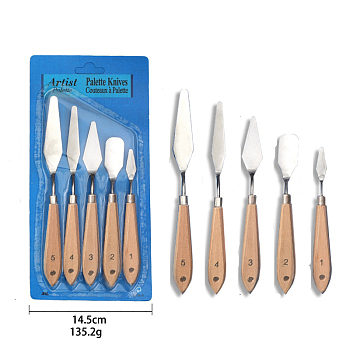 5Pcs Painting Knife Sets, Painting Scraper, Stainless Steel Palette Knife, Painting Art Spatula with Wood Handle, Art Painting Knife Tools for Oil Canvas Acrylic Painting, Tan, 17~21.5cm