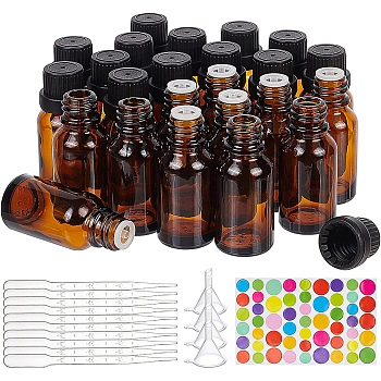 DIY Essential Oil Bottle Kits, Including Empty Glass Bottles, Plastic Funnel Hopper & Dropper, Cute Paper Rainbow Color Stickers, Coconut Brown, 2.85x7.25cm, Plastic Plug: 26.5x13mm, Capacity: 15ml(0.5 fl. oz)