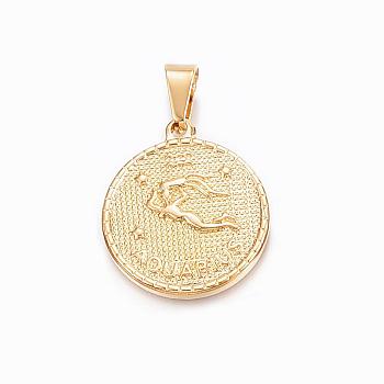 Real 18K Gold Plated 304 Stainless Steel Pendants, Flat Round with Twelve Constellation/Zodiac Sign, Aquarius, 29x25x3.2mm, Hole: 9x4.5mm