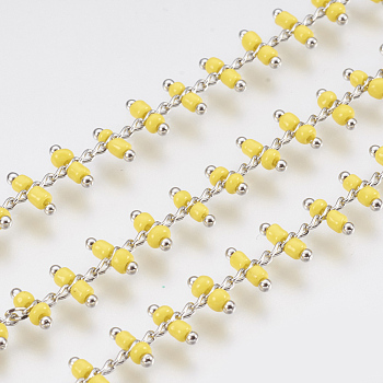 Handmade Brass Beaded Curb Chains, Soldered, with Seed Beads, Platinum, Yellow, 7mm, about 32.8 Feet(10m)/roll