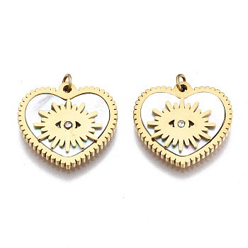 316 Surgical Stainless Steel Rhinestone Charms, with Shell and Jump Rings, Heart with Sun, Real 14K Gold Plated, 14x15x2mm, Jump Ring: 2.7x0.4mm, 1.9mm inner diameter