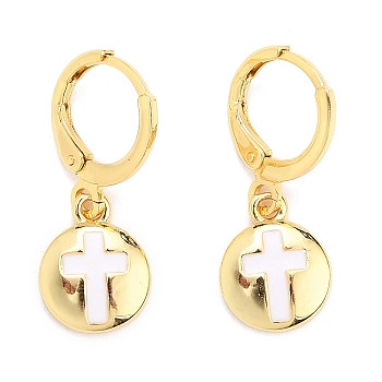 Brass Huggie Hoop Earrings, with Enamel, Flat Round with Cross, White, Real 18K Gold Plated, 25~26mm, Pin: 0.9mm