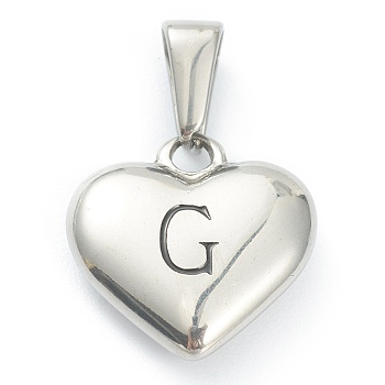 304 Stainless Steel Pendants, Heart with Black Letter, Stainless Steel Color, Letter.G, 16x16x4.5mm, Hole: 7x3mm