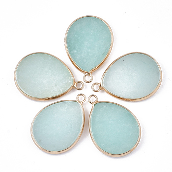 Natural White Jade Pendants, with Brass Findings, Dyed, teardrop, Golden, 30.5x21~22x3~3.5mm, Hole: 2mm