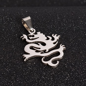 201 Stainless Steel Dragon Pendants, Stainless Steel Color, 31x25x1.5mm, Hole: 4x9mm