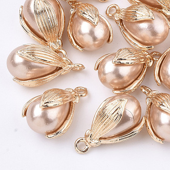 ABS Plastic Imitation Pearl Pendants, with Light Gold Plated Alloy Findings, Long-Lasting Plated, Teardrop, Dark Salmon, 21x13x12mm, Hole: 1.8mm