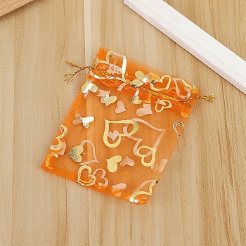 Rectangle Organza Drawstring Gift Bags, Gold Stamping Heart Pouches for Wedding Party Gift Storage, Dark Orange, 9x7cm