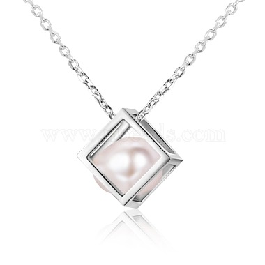 TINYSAND 925 Sterling Silver Cube Pearl Pendant Necklaces(TS-N266-S)-1