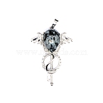 Natural Snowflake Obsidian Teardrop Pendants, Platinum Tone Brass Key Scepter Wing Charms, 45x35x9mm(PW-WG60016-01)