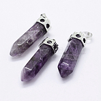 Bullet Brass Gemstone Pointed Pendants, Platinum, Amethyst, 44mm, Hole: 5x8mm(G-F218-10G)