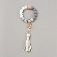 Silicone Round Beaded Keychain Wristlet, with Alloy Keychain Clasps Finding and PU Leather Tassel, Floral White, 23cm(AJEW-SZC0007-06C)