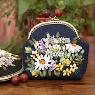 DIY Kiss Lock Bag with Flower Embroidery Kit for Beginners, Including Embroidery Cloth & Thread, Needle, Embroidery Frame, Instruction Sheet, Metal Chain with Purse Frames, Prussian Blue, Finish Product: 6.50x4.92x1.57 inch(165x125x40mm)(PW-WG79209-03)