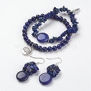 Lapis Lazuli Beads Wrap Bracelets and Earrings Jewelry Sets, with Tibetan Style Findings, and Brass Earring Hooks, with Burlap Packing Pouches Drawstring Bags, Blue, 2 inch~2-1/8 inch(52~54mm),  48mm, pin: 0.8mm(SJEW-JS00905-03)