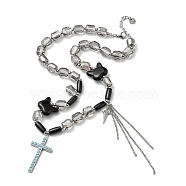 Glass Beaded Necklaces, 304 Stainless Steel Cross Pendant Necklaces for Women, Stainless Steel Color, 16.34 inch(41.5cm)(NJEW-K259-04)