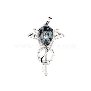 Natural Snowflake Obsidian Teardrop Pendants, Platinum Tone Brass Key Scepter Wing Charms, 45x35x9mm(PW-WG60016-01)
