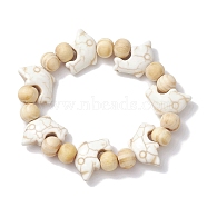 Beach Dolphin Dyed Synthetic Turquoise Stretch Bracelets, Summer Wood Beaded Kid Bracelets for Girls, Floral White, Inner Diameter: 1-3/4 inch(4.5cm), Bead: 7x8~8.5mm, Dolphin: 12x19.5mm(BJEW-JB10288-02)