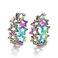 Ion Plating(IP) Rainbow Color Hollow Star 304 Stainless Steel Hoop Earrings for Women, 22x20x8mm, Pin: 0.6mm(STAS-A057-14MC)