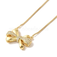 Bowknot Micro Pave Clear Cubic Zirconia Pendant Necklaces, Brass Box Chain Necklaces for Women, Real 18K Gold Plated, 17.95 inch(456mm)(NJEW-G082-02B-G)