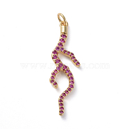 Brass Micro Pave Cubic Zirconia Pendants, Long-Lasting Plated, Branch, Hot Pink, Real 18K Gold Plated, 34.1x10x2.9mm, Hole: 3.1mm(ZIRC-G160-48G)