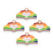 Rainbow Color Pride Alloy Enamel Pendants, Double Hand with Heart Word Love Charms, Light Gold, Colorful, 13.5x22.5x1.5mm, Hole: 2mm(ENAM-K067-17)